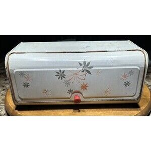 Vintage DecoWare Metal Tin Bread Box Orange Green White Floral Hinged 1950s